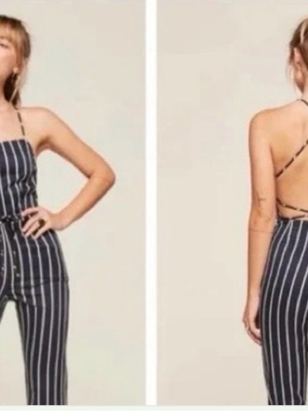 Reformation Navy and White Striped Backless Spaghetti-Strap Jumpsuit